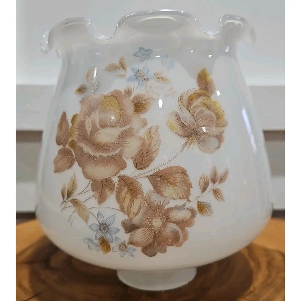 Vintage Milk Glass Hurricane Floral Lamp Shade With Ruffled Top 1.5 Inc Fitter